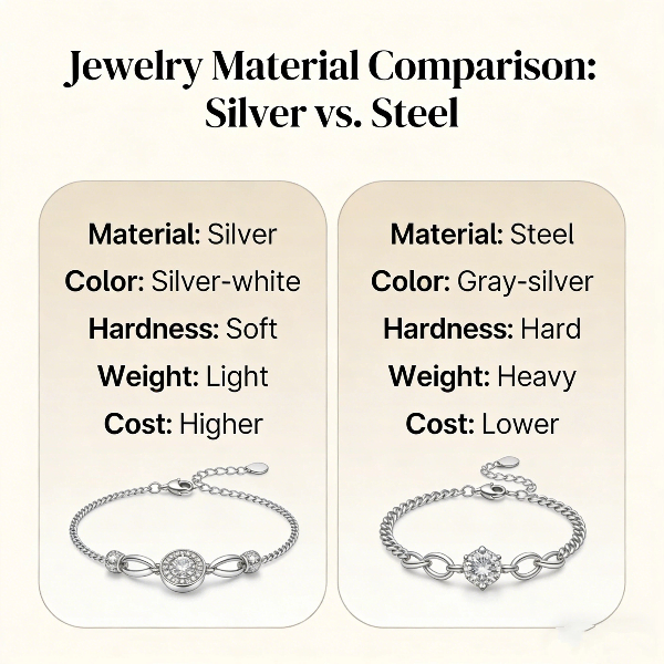 Jewelry Material Comparison Silver and Steel