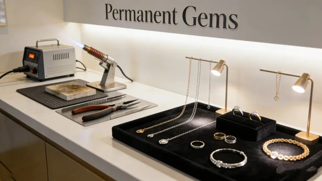 Permanent jewelry boutique with professional welding tools and elegant displays