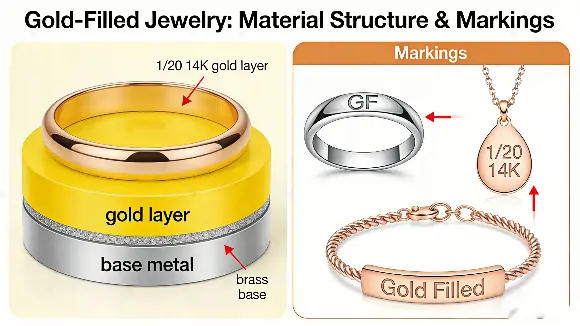 What is gold filled jewelry material structure and markings