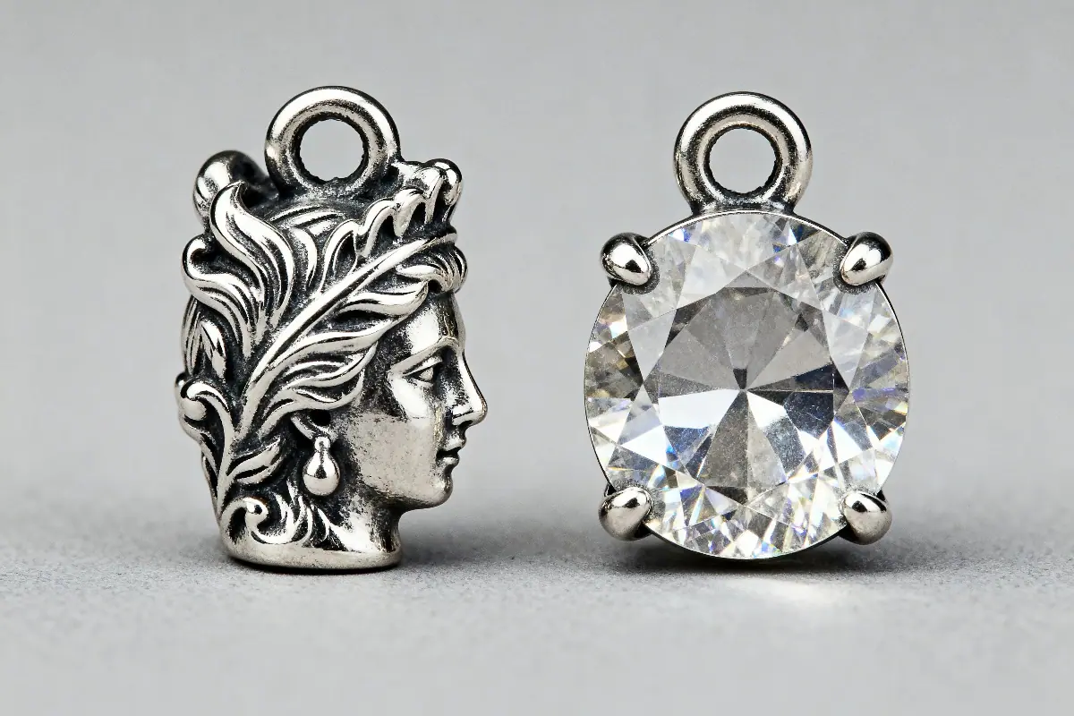 Macro studio shot of two 925 sterling silver charms side by side, one with intricate 3D sculpted details, the other with smooth hand-finished stones, professional jewelry lighting, sparkling reflections, neutral gray background.