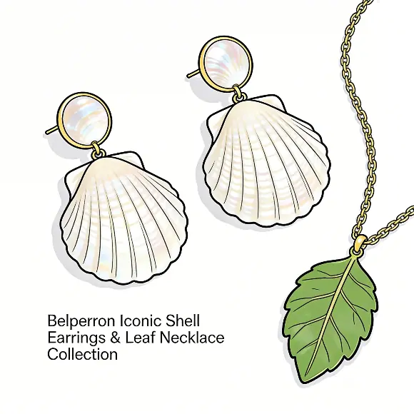 Belperron iconic shell earrings and leaf necklace collection close-up