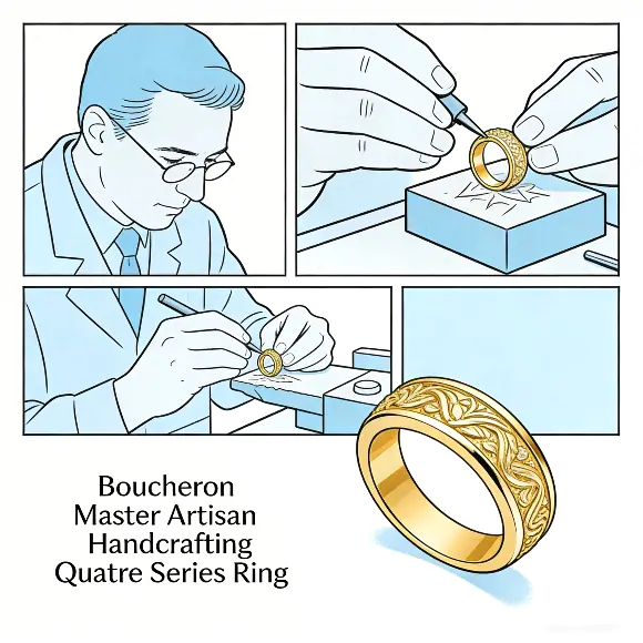 Boucheron master artisan handcrafting a Quatre series ring showing engraving detail