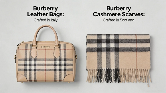 Burberry leather bags and cashmere scarves craftsmanship in Italy and Scotland