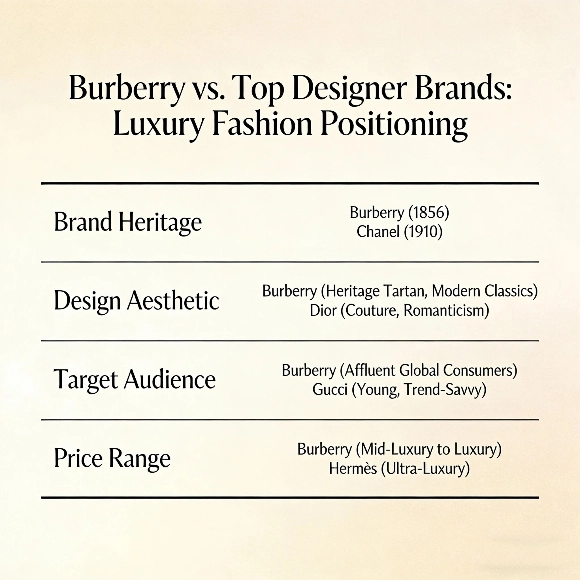 Burberry luxury fashion positioning compared to top designer brands
