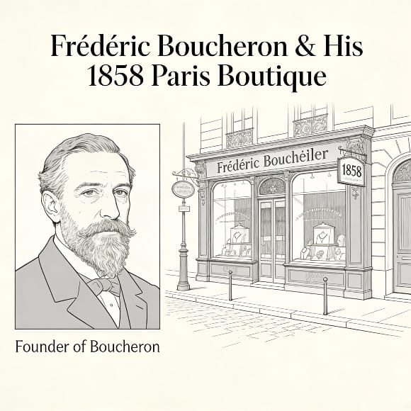 Frédéric Boucheron portrait and his 1858 Paris boutique illustration