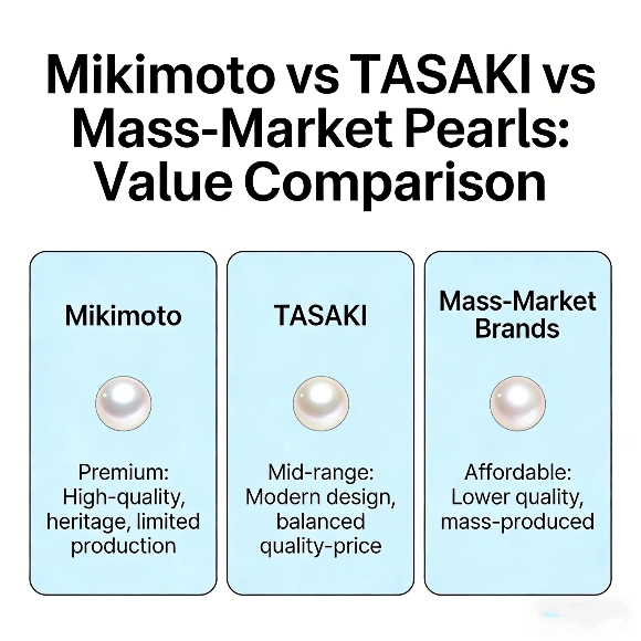 How much are Mikimoto pearls worth comparison with TASAKI and mass-market brands