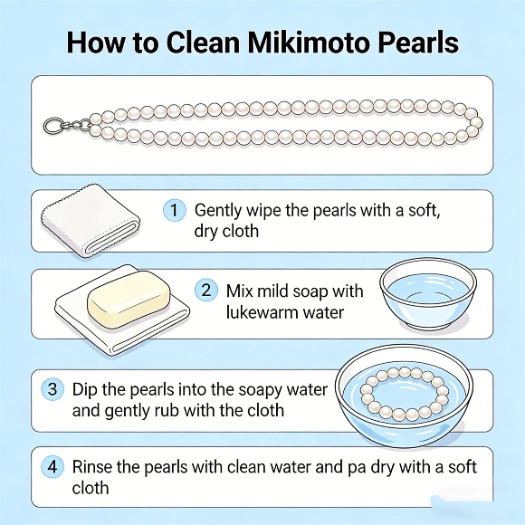 How to clean Mikimoto pearls cover with cleaning tools and Mikimoto pearl strand