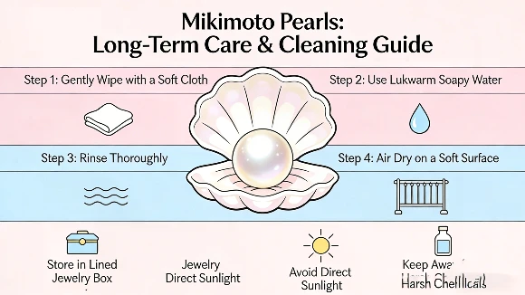 How to clean Mikimoto pearls long-term care infographic