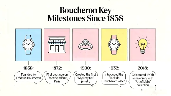 Infographic of Boucheron key milestones since 1858 founding