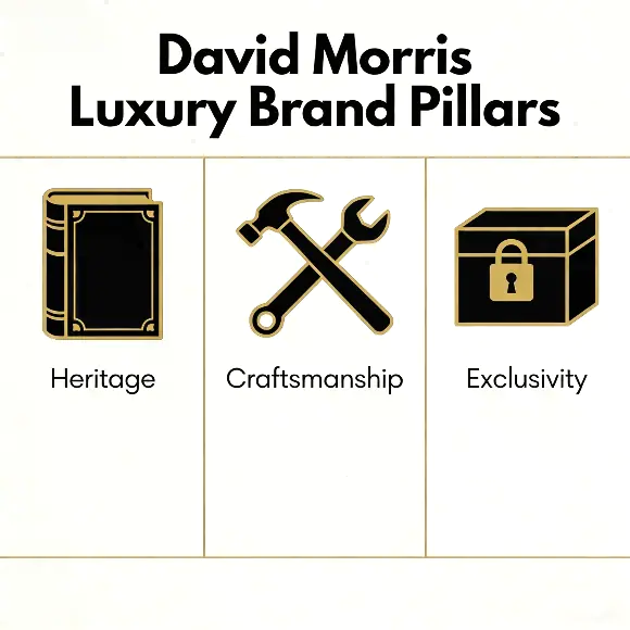 Infographic of David Morris luxury brand pillars heritage craftsmanship exclusivity