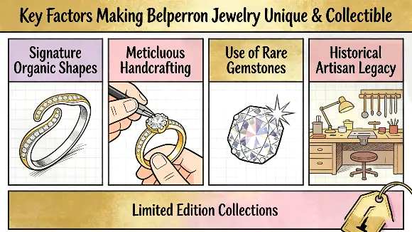 Infographic of key factors that make Belperron jewelry unique and collectible