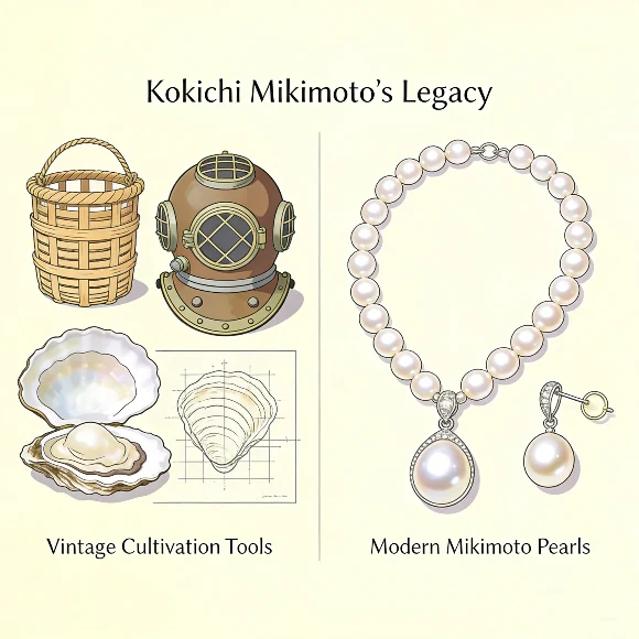 Kokichi Mikimoto’s legacy vintage pearl cultivation tools and modern Mikimoto pearls