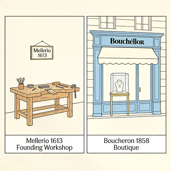 Mellerio 1613 founding workshop illustration and Boucheron 1858 boutique