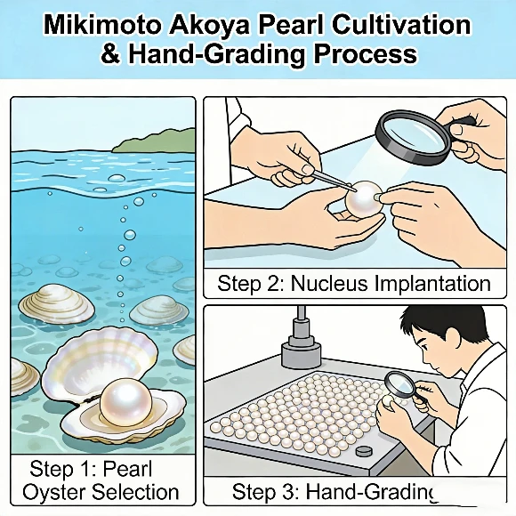 Mikimoto Akoya pearl cultivation and hand-grading process