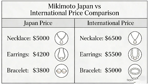 Mikimoto Japan vs international price comparison chart for key pieces