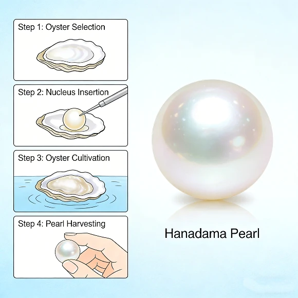 Mikimoto pearl cultivation process and Hanadama pearl close-up