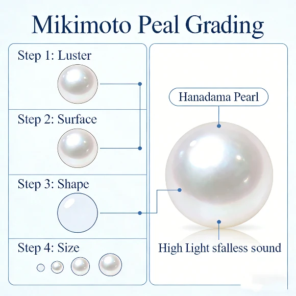 Mikimoto pearl grading process and Hanadama pearl close-up