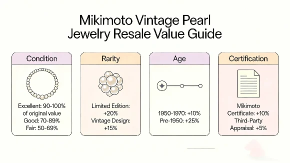 Mikimoto vintage pearl jewelry resale value infographic