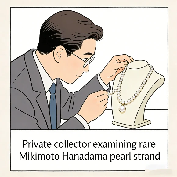 Private collector examining rare Mikimoto Hanadama pearl strand