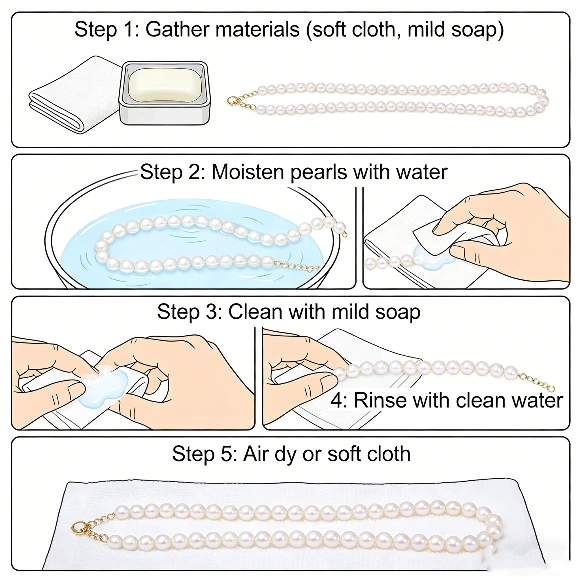 Step-by-step Mikimoto pearl cleaning with soft cloth and mild soap