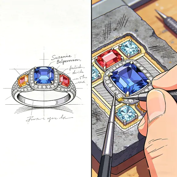 Suzanne Belperron design sketch and handcrafted reverse inlay technique detail