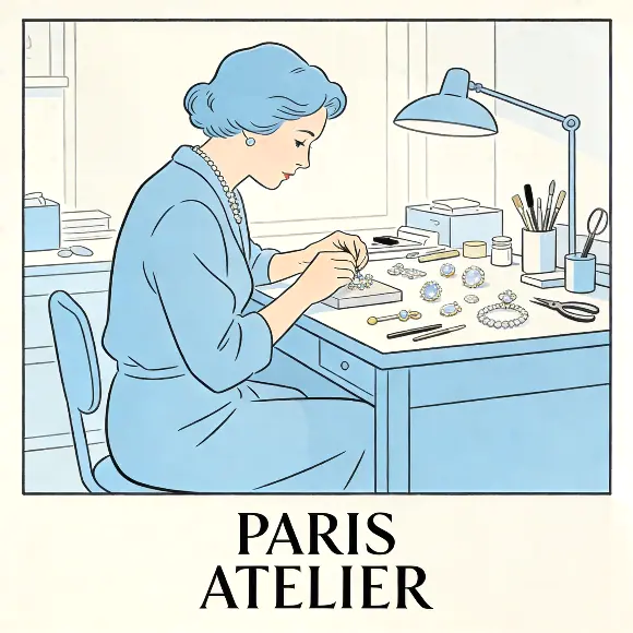 Suzanne Belperron working in her Paris atelier with handcrafted jewelry pieces