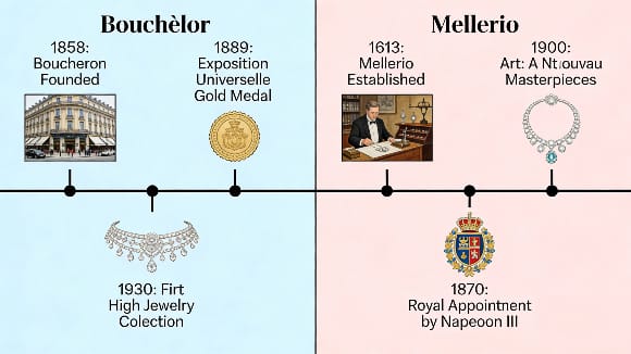 Timeline comparing Boucheron and Mellerio key historical milestones