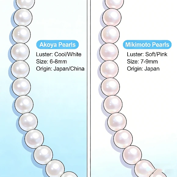 What is the difference between Akoya and Mikimoto pearls side-by-side pearl strands