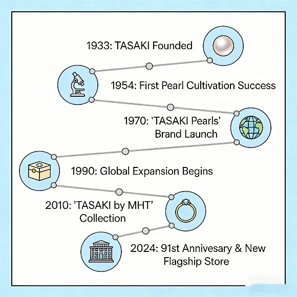 What is the history of TASAKI timeline infographic 1933-2024