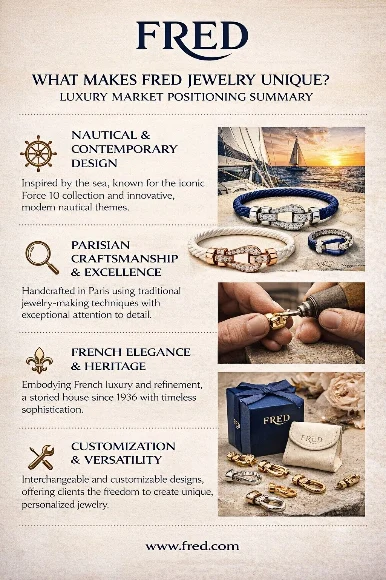 What makes Fred jewelry unique luxury market positioning summary infographic