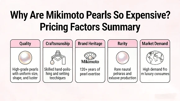 Why are Mikimoto pearls so expensive pricing factors summary infographic