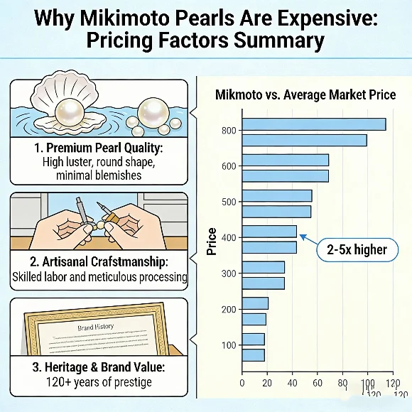 Why are Mikimoto so expensive pricing factors summary infographic