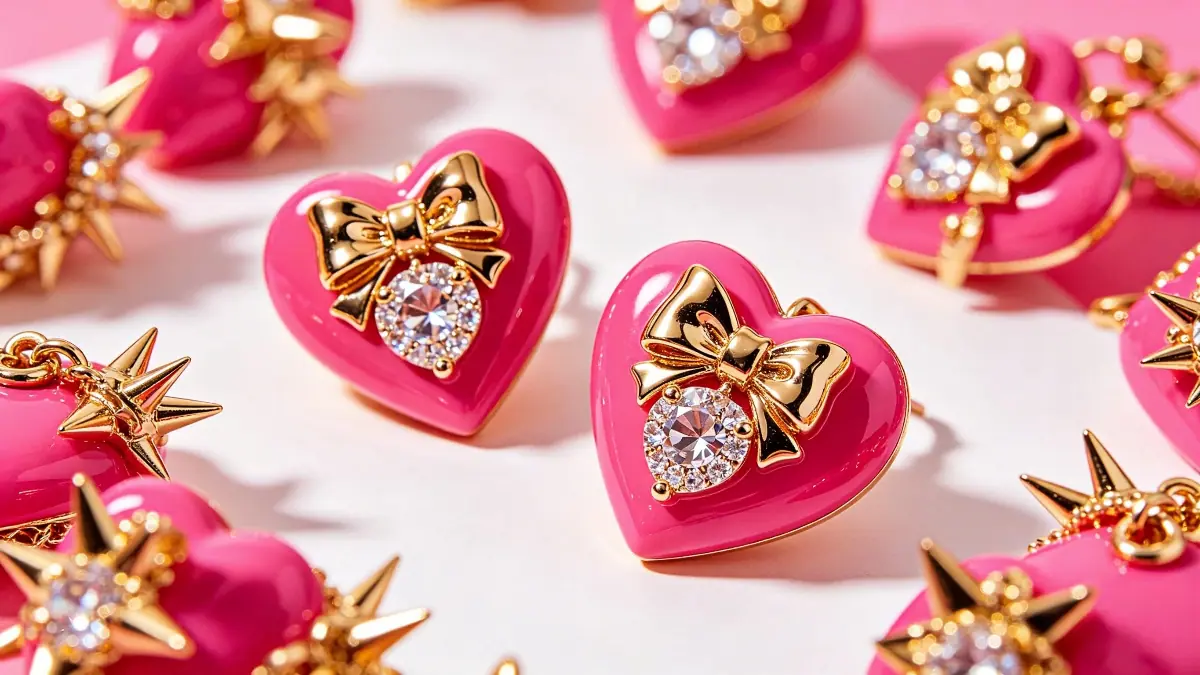 Betsey Johnson signature pink heart earrings and punk style jewelry