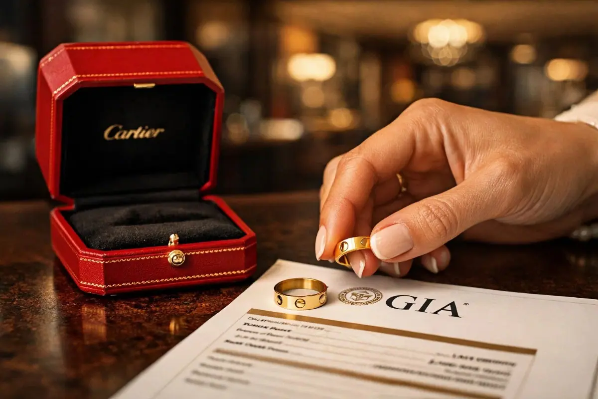 Honest truth about Does Cartier buy back jewelry: An open red box, Love ring, and GIA certificate for resale valuation.