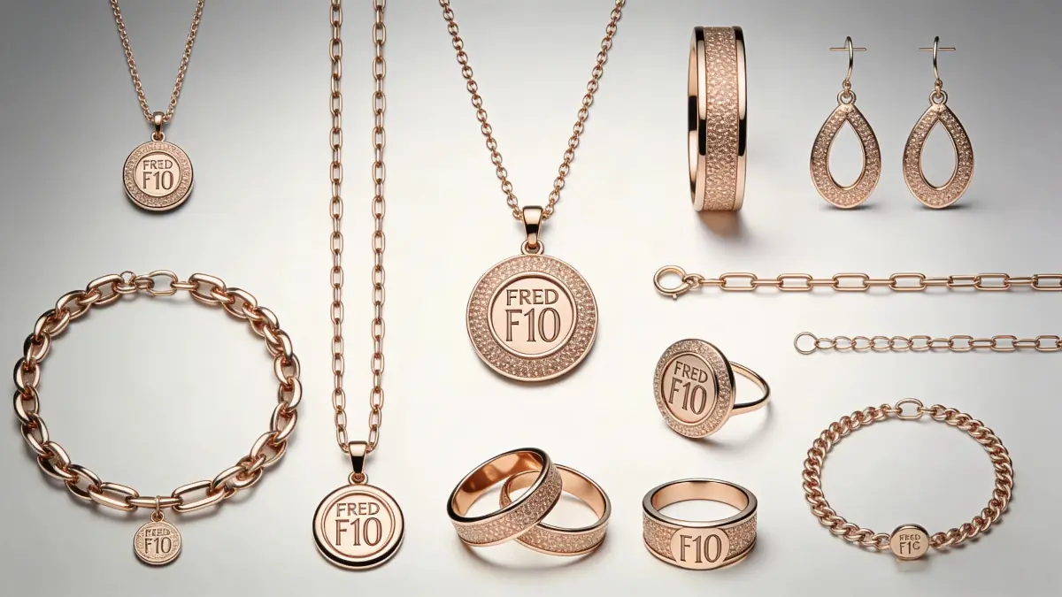 A complete collection of Fred Force 10 rose gold jewelry, including buckled chain bracelets, necklaces, and pave diamond rings.