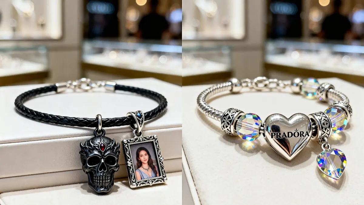 Gnoce vs Pandora charm style comparison on a luxury velvet display