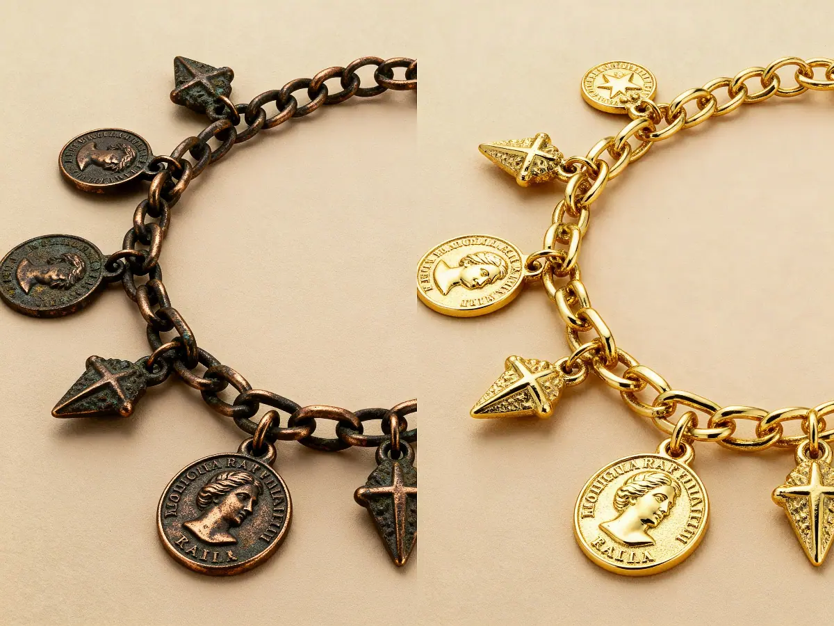 Real results on how to clean Alex and Ani jewelry safely: Before and after restoration of tarnished charms.