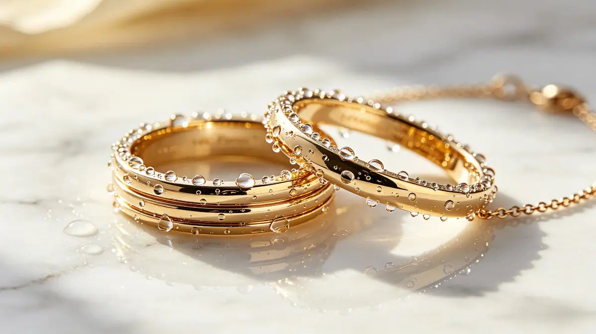 Close-up of gold-plated bracelets answering is pavoi jewelry waterproof with water test