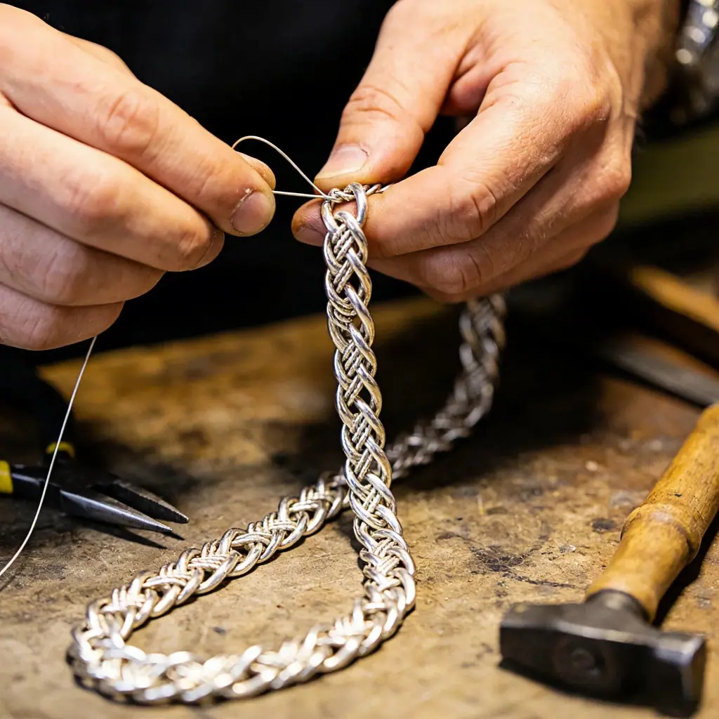 Balinese artisan hand-weaving a John Hardy silver Classic Chain bracelet using traditional Rantai technique
