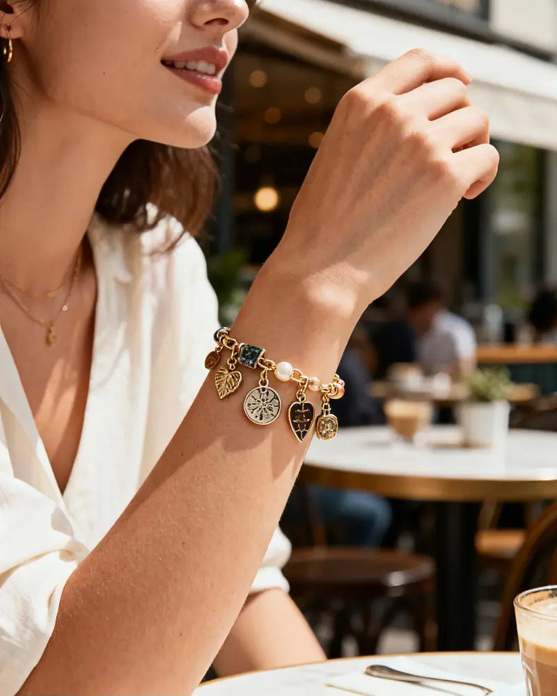 Lifestyle photography, close-up of a woman's wrist wearing a mixed charm bracelet, outdoor natural lighting, soft focus cafe background, realistic skin texture, aesthetic jewelry styling.
