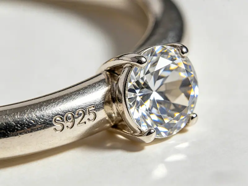 Macro shot of Pandora S925 sterling silver hallmark and Swarovski precision cut crystal texture