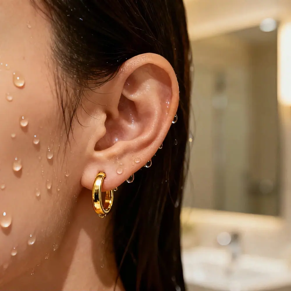 Woman wearing Pavoi gold huggie earrings in a water-resistant test scenario