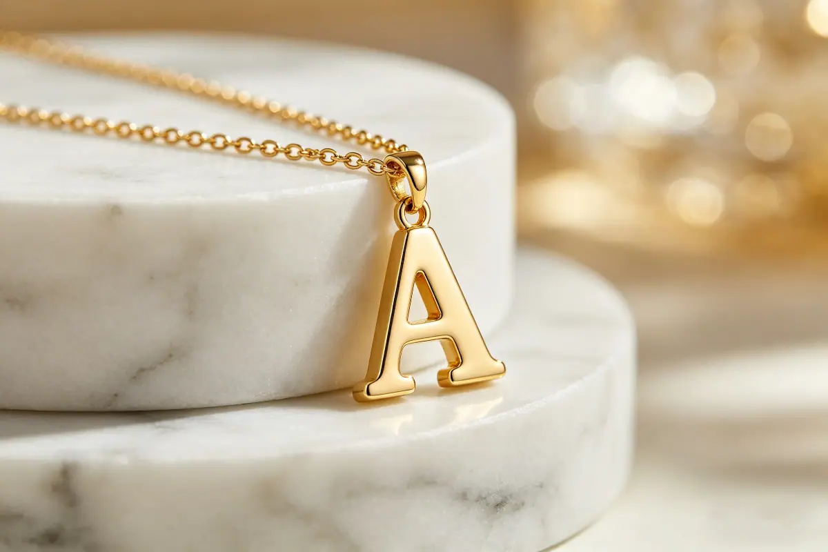 Close-up of Turandoss 14K gold plated initial necklace and engraving.