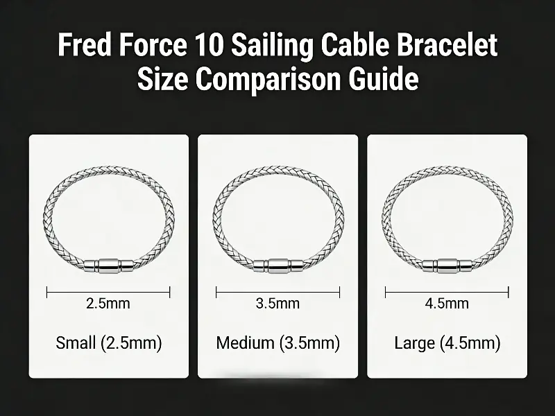 Side-by-side comparison of Fred Force 10 bracelet sizes: Small 2.5mm, Medium 3.5mm, and Large 4.5mm on a wrist.