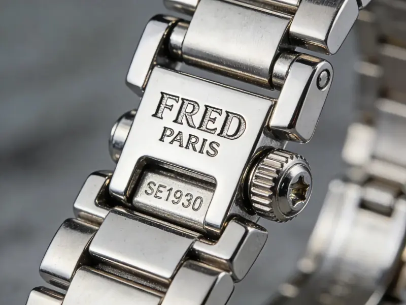 Authentic Fred Force 10 buckle showing the sharp engraving and serial number to help identify genuine pieces.