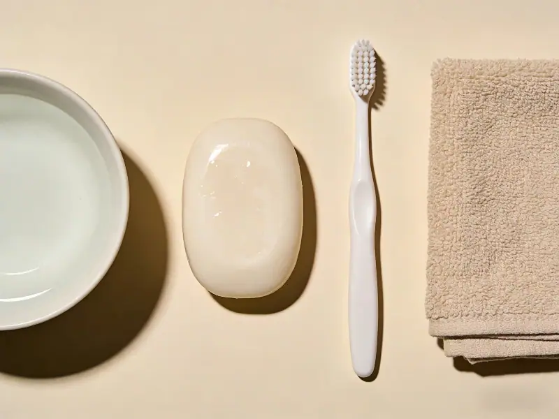 Essential home supplies for cleaning luxury jewelry: mild dish soap, warm water, a soft-bristled baby toothbrush, and a lint-free microfiber cloth.