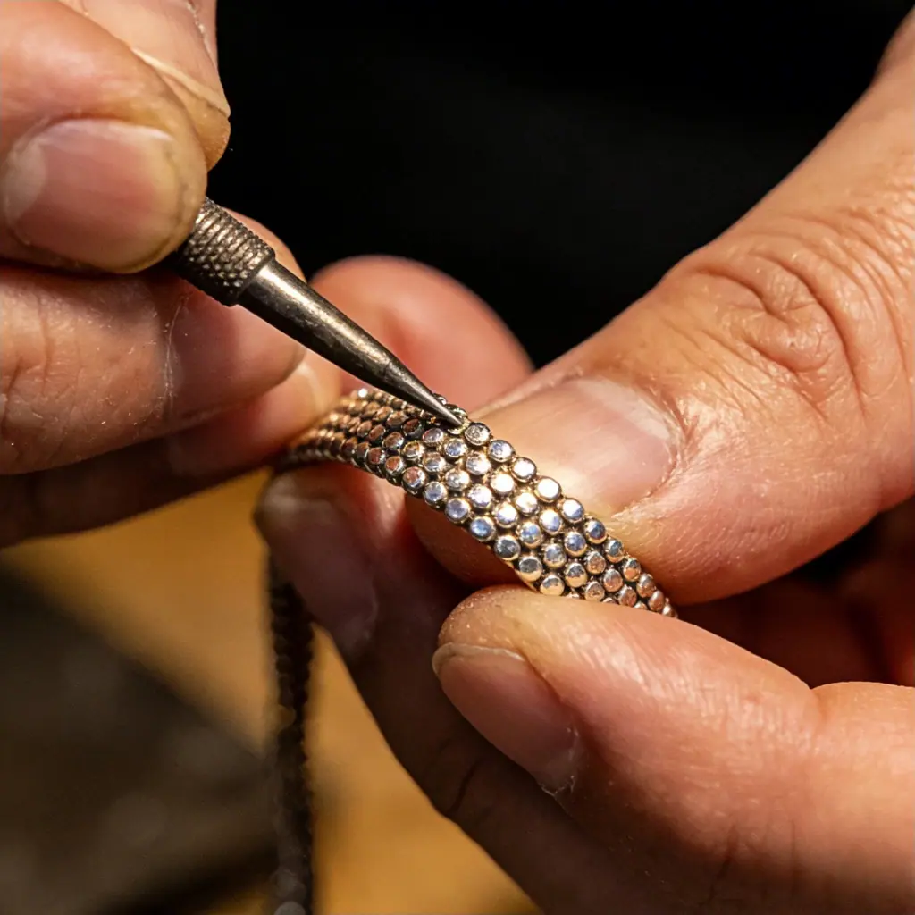 Skilled Balinese artisan hand-weaving silver chains in the John Hardy jewelry workshop in Bali