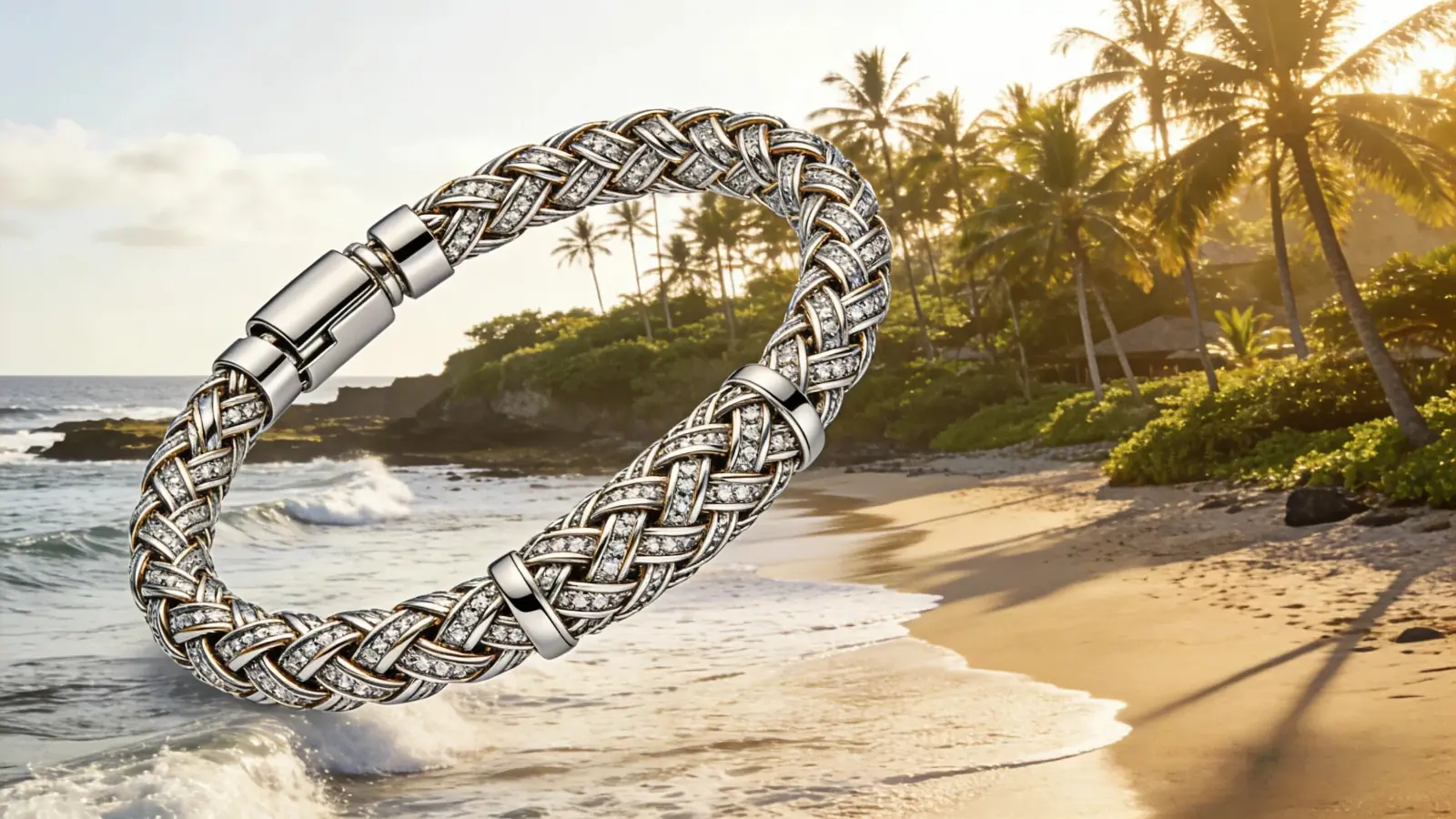 Luxury John Hardy handcrafted jewelry featuring iconic silver bracelets with a Balinese tropical nature background