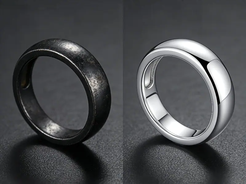 Comparison showing a black oxidized 925 silver ring before and after removing tarnish.