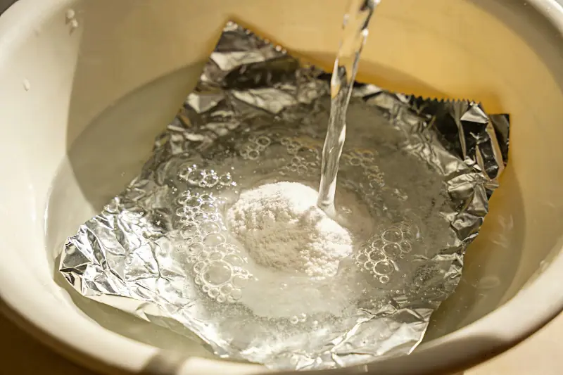 Step-by-step DIY 925 silver cleaning: pouring boiling water over baking soda and aluminum foil in a bowl.